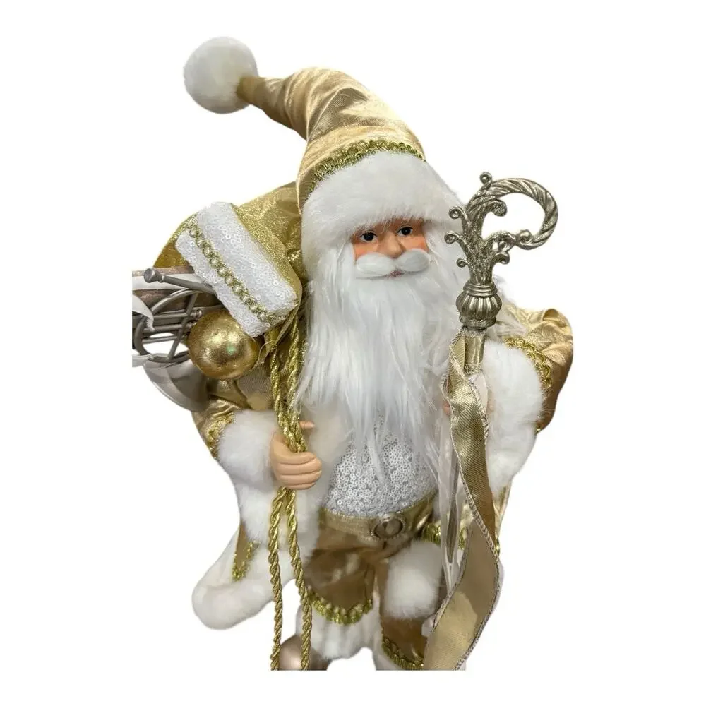 Christmas Santa Claus‎ Doll Gold White Staff Standing Tabletop Decor 19